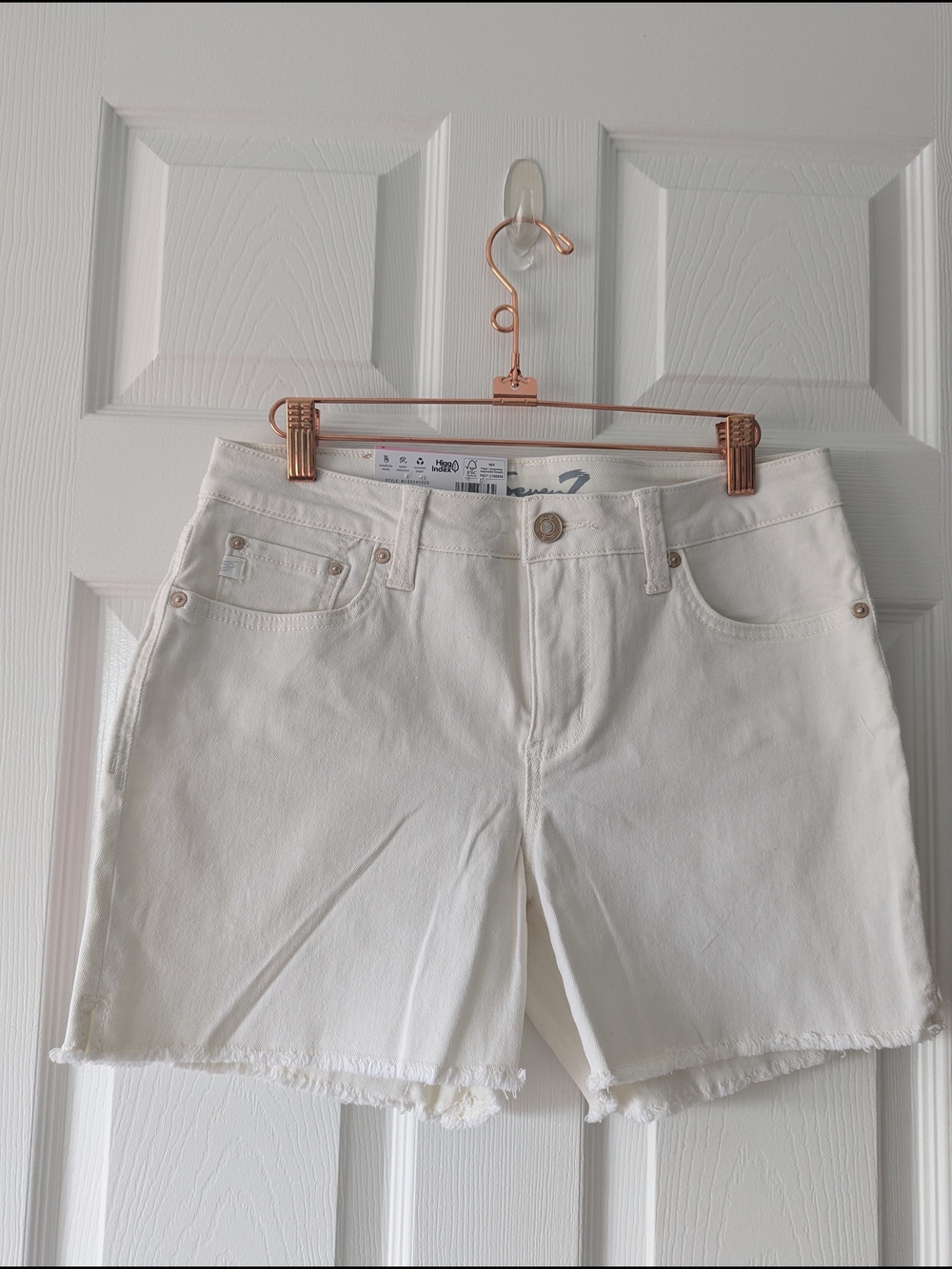 Seven 7 White Denim Frayed-Hem Mid-Rise Shorts